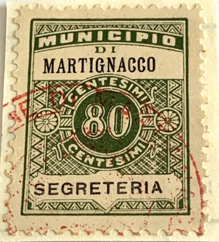 Marca da Bollo del Comune di MARTIGNACCO su Carta Bianca di dimensioni 21 x 29 mm