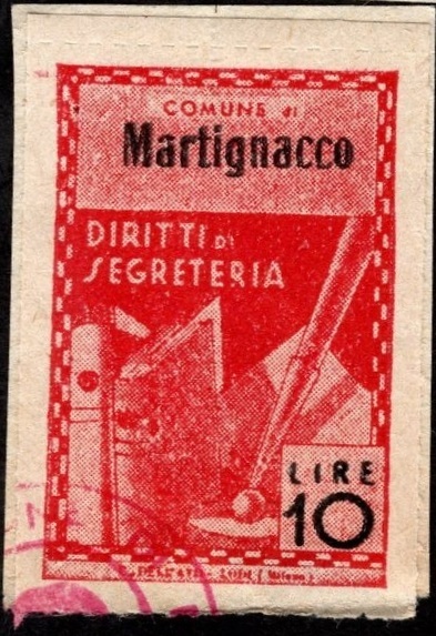 Marca da Bollo del Comune di MARTIGNACCO su Carta Bianca di dimensioni 21 x 31 mm