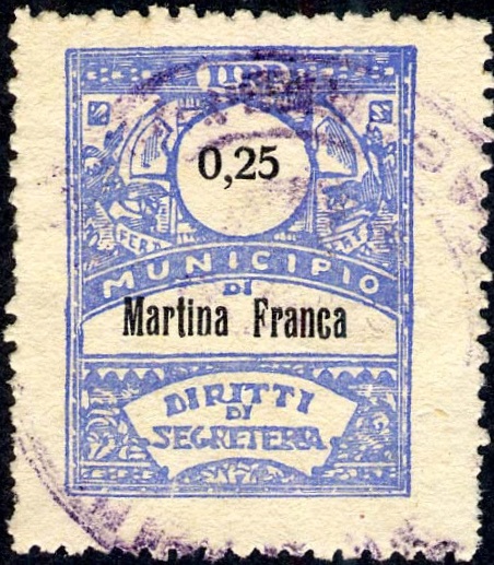 Marca da Bollo del Comune di MARTINA FRANCA su Carta Bianca di dimensioni 21,5 x 28,5 mm