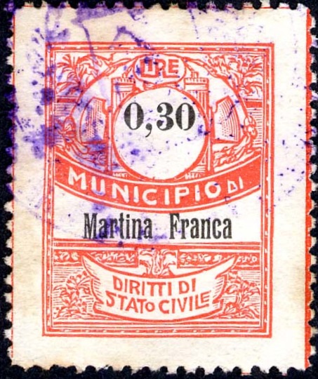 Marca da Bollo del Comune di MARTINA FRANCA su Carta Bianca Sittile di dimensioni 22 x 28 mm