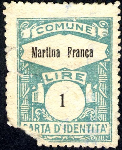Marca da Bollo del Comune di MARTINA FRANCA su Carta Bianca Sottile di dimensioni 21,5 x 33 mm