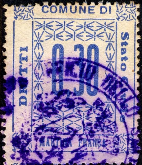 Marca da Bollo del Comune di MARTINA FRANCA su Carta Bianca di dimensioni 22 x 26,5 mm