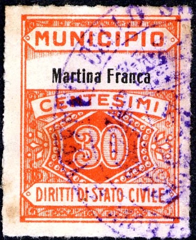 Marca da Bollo del Comune di MARTINA FRANCA su Carta Bianca Sittile di dimensioni 22 x 29 mm