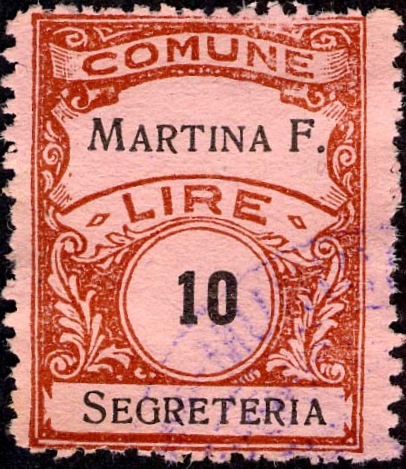 Marca da Bollo del Comune di MARTINA FRANCA su Carta Bianca Sittile di dimensioni 22,5 x 29 mm