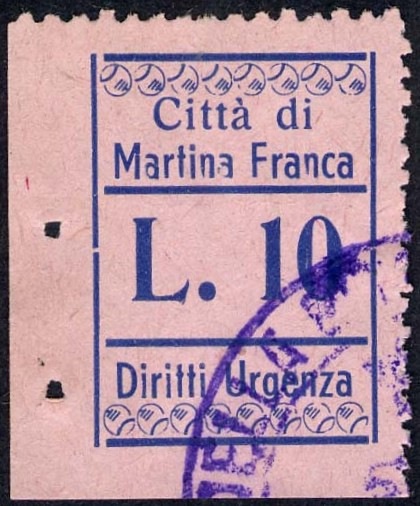 Marca da Bollo del Comune di MARTINA FRANCA su Carta Colorata di dimensioni 21 x 28 mm