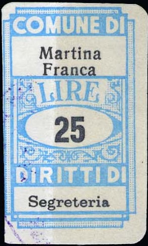 Marca da Bollo del Comune di MARTINA FRANCA su Carta Bianca Sittile di dimensioni 18,5 x 31 mm