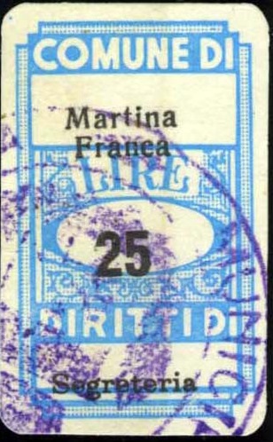 Marca da Bollo del Comune di MARTINA FRANCA su Carta Bianca Sittile di dimensioni 18,5 x 31 mm
