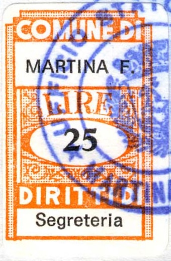 Marca da Bollo del Comune di MARTINA FRANCA su Carta Bianca di dimensioni 18 x 29 mm