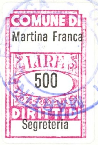 Marca da Bollo del Comune di MARTINA FRANCA su Carta Bianca di dimensioni 18 x 29 mm