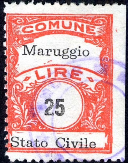 Marca da Bollo del Comune di MARUGGIO su Carta Bianca di dimensioni 22 x 29 mm