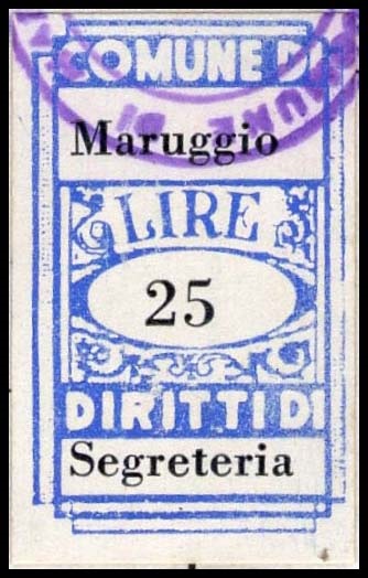 Marca da Bollo del Comune di MARUGGIO su Carta Bianca di dimensioni 18 X 30 mm