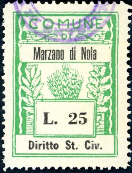 Marca da Bollo del Comune di MARZANO DI NOLA su Carta Bianca di dimensioni 25 x 33,5 mm