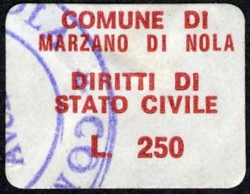 Marca da Bollo del Comune di MARZANO DI NOLA su Carta Bianca di dimensioni 22 x 12 mm