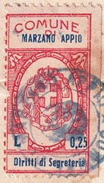 Marca da Bollo del Comune di MARZANO APPIO su Carta Bianca Sittile di dimensioni 17,5 x 32,5 mm