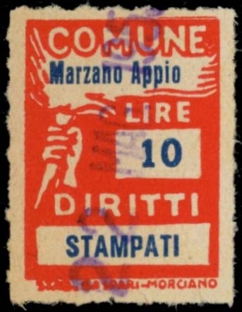 Marca da Bollo del Comune di MARZANO APPIO su Carta Bianca Sittile di dimensioni 18,5 x 26,5 mm