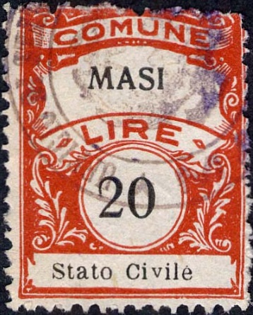 Marca da Bollo del Comune di MASI su Carta Blu di dimensioni 22 x 29 mm