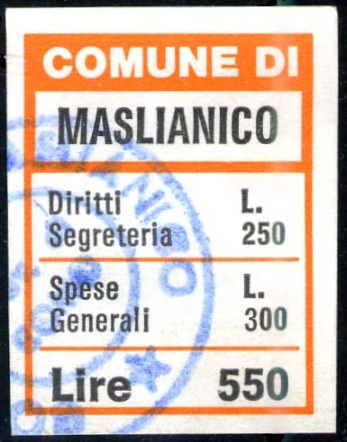 Marca da Bollo del Comune di MASLIANICO su Carta Bianca di dimensioni 20 x 25 mm