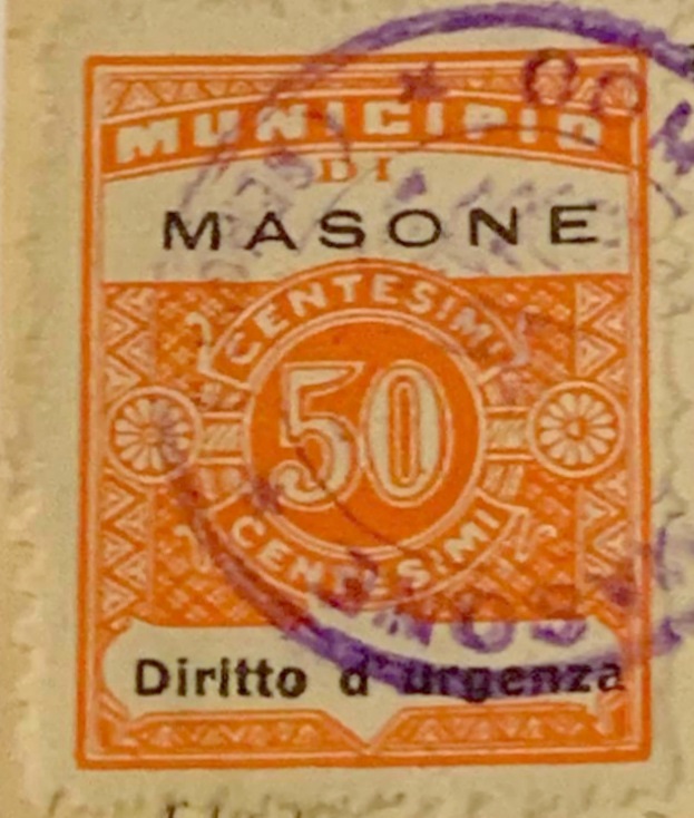 Marca da Bollo del Comune di MASONE su Carta Bianca di dimensioni 22,5 x 29 mm