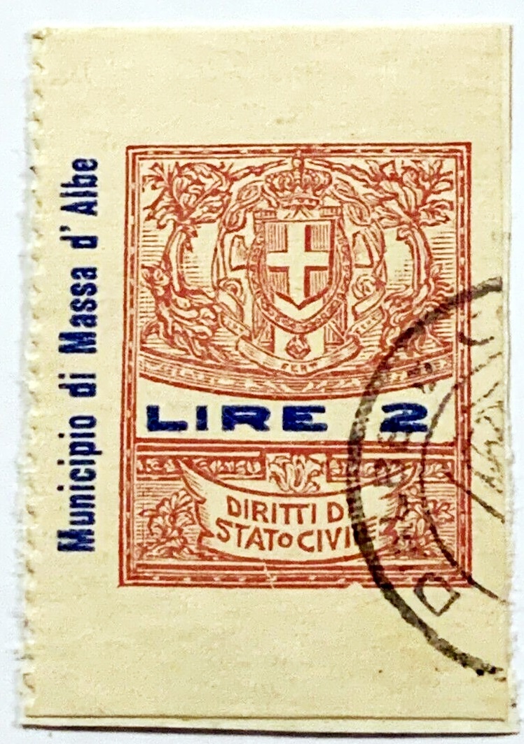 Marca da Bollo del Comune di MASSA D´ALBE su Carta Bianca Sottile di dimensioni 24 x 32 mm