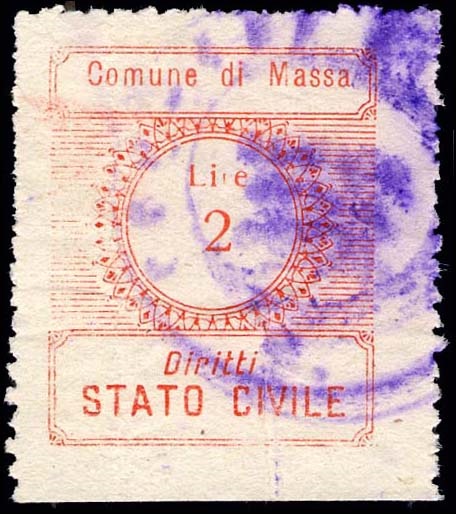 Marca da Bollo del Comune di MASSA su Carta Bianca Sittile di dimensioni 22,5 x 27,5 mm
