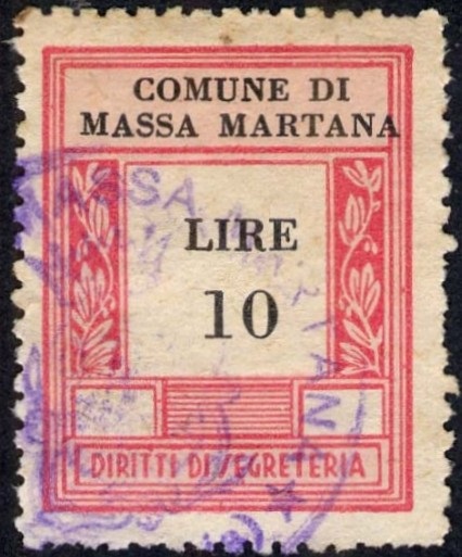 Marca da Bollo del Comune di MASSA MARTANA su Carta Bianca Sottile di dimensioni 23 X 30 mm