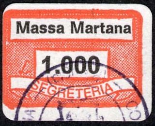 Marca da Bollo del Comune di MASSA MARTANA su Carta Bianca di dimensioni 19,5 x 13,5 mm