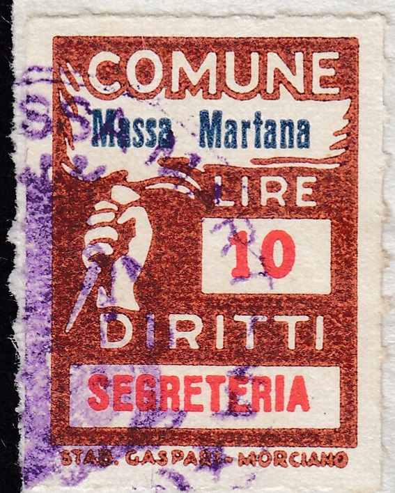 Marca da Bollo del Comune di MASSA MARTANA su Carta Bianca di dimensioni 18 x 26 mm