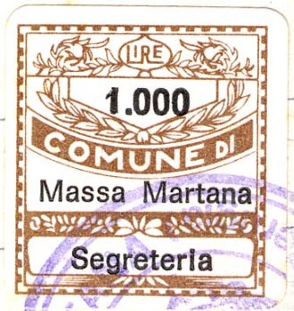 Marca da Bollo del Comune di MASSA MARTANA su Carta Bianca di dimensioni 19,5 x 21 mm