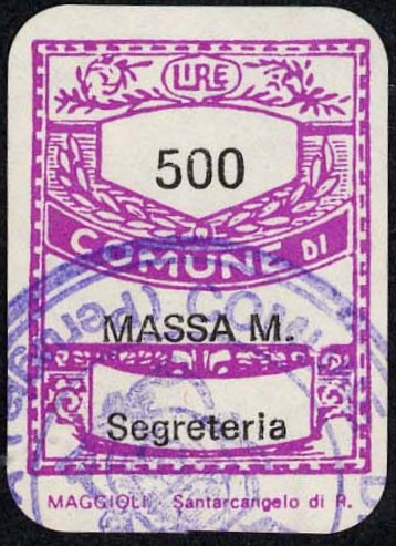 Marca da Bollo del Comune di MASSA MARTANA su Carta Bianca di dimensioni 20,5 x 28,5 mm