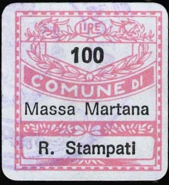 Marca da Bollo del Comune di MASSA MARTANA su Carta Bianca di dimensioni 20 x 20 mm
