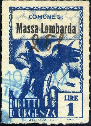 Marca da Bollo del Comune di MASSA LOMBARDA su Carta Bianca Sottile di dimensioni 21 X 32 mm