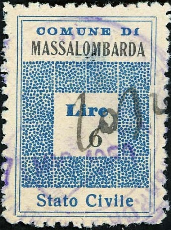 Marca da Bollo del Comune di MASSA LOMBARDA su Carta Bianca Sittile di dimensioni 19,5 x 28,5 mm