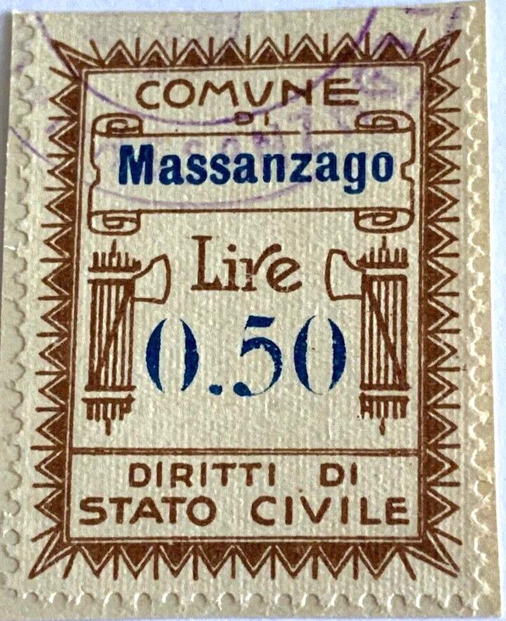 Marca da Bollo del Comune di MASSANZAGO su Carta Bianca di dimensioni 20 x 20 mm