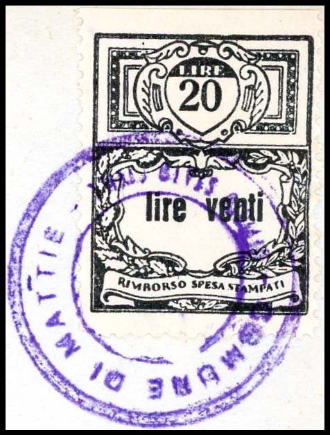 Marca da Bollo del Comune di MATTIE su Carta Bianca di dimensioni 22 x 28,5 mm