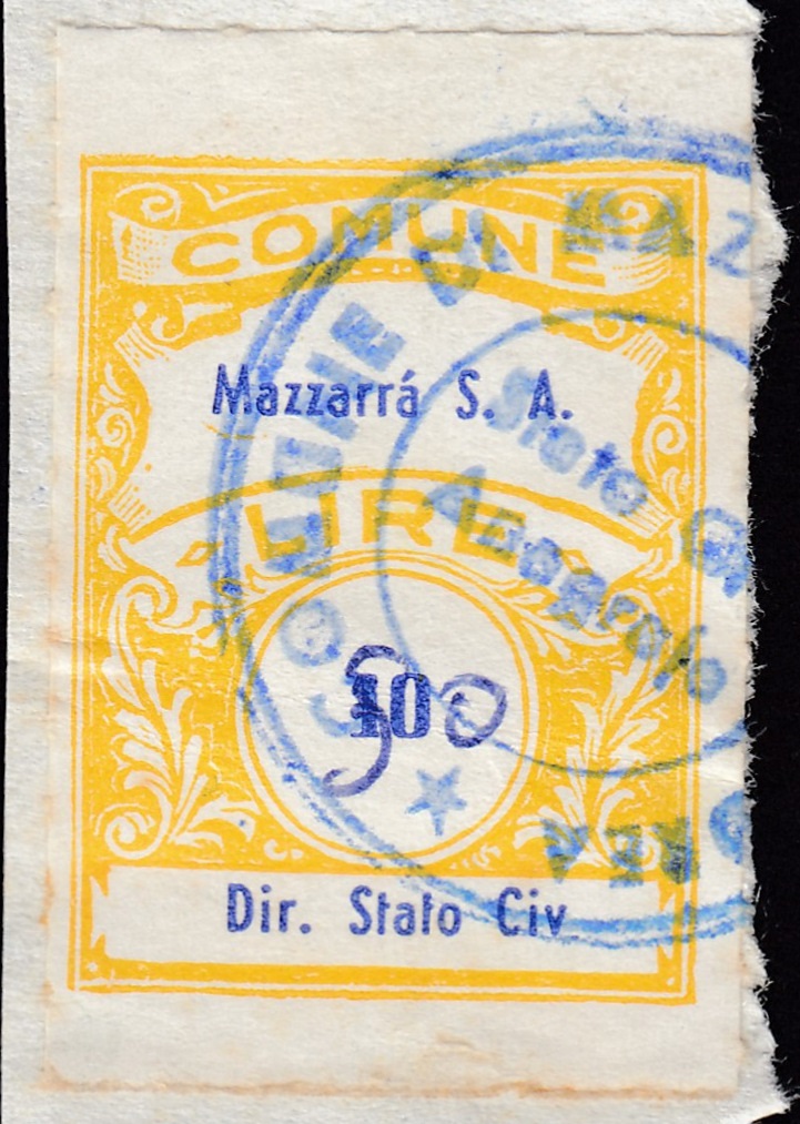 Marca da Bollo del Comune di MAZZARRA´ SANT´ANDREA su Carta Bianca Sittile di dimensioni 22 x 29,5 mm