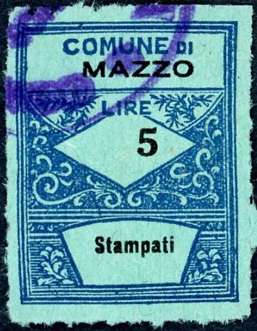 Marca da Bollo del Comune di MAZZO DI VALTELLINA su Carta Bianca di dimensioni 22,5 x 29 mm