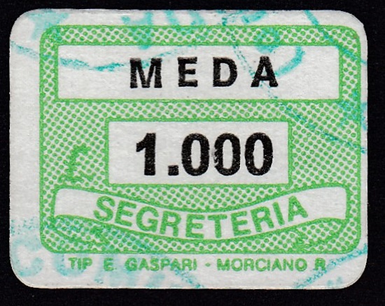 Marca da Bollo del Comune di MEDA su Carta Bianca di dimensioni 189 x 13 mm