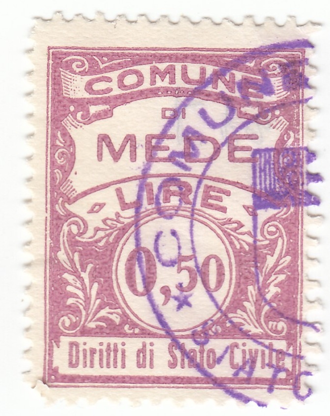 Marca da Bollo del Comune di MEDE su Carta Bianca di dimensioni 22,5 x 29 mm