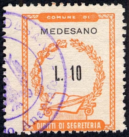 Marca da Bollo del Comune di MEDESANO su Carta Bianca di dimensioni 20,5 x 26,5 mm