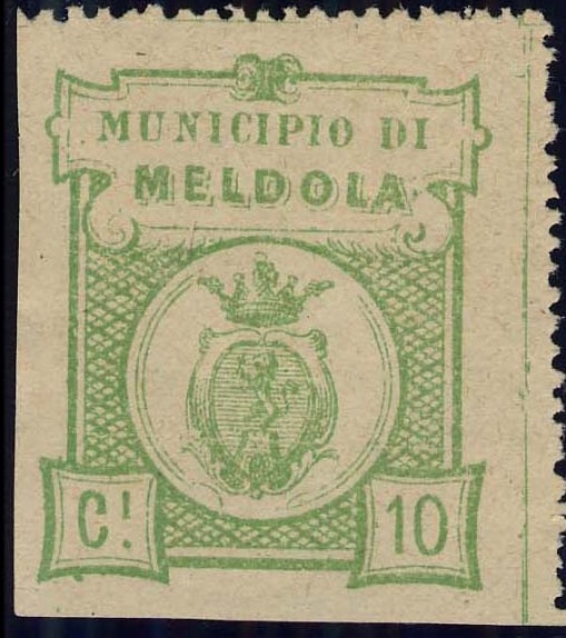 Marca da Bollo del Comune di MELDOLA su Carta Bianca di dimensioni 28 x 33 mm