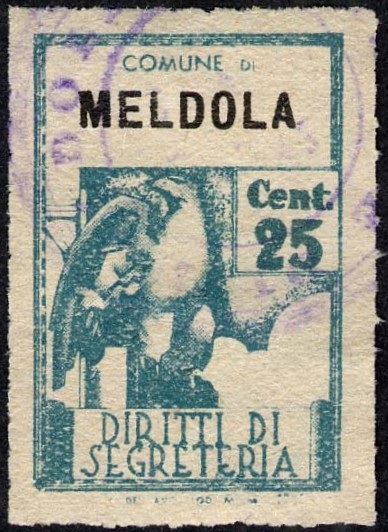 Marca da Bollo del Comune di MELDOLA su Carta Bianca Sottile di dimensioni 21 X 32 mm