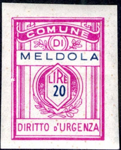 Marca da Bollo del Comune di MELDOLA su Carta Bianca Sittile di dimensioni 21,5 x 28 mm