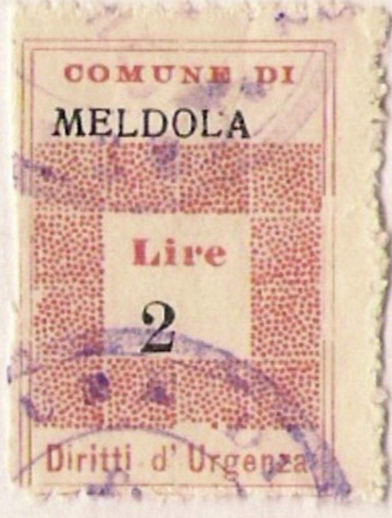 Marca da Bollo del Comune di MELDOLA su Carta Bianca di dimensioni 19,5 x 28,5 mm