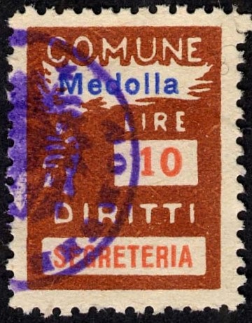 Marca da Bollo del Comune di MELDOLA su Carta Bianca Sottile di dimensioni 18,5 x 26 mm
