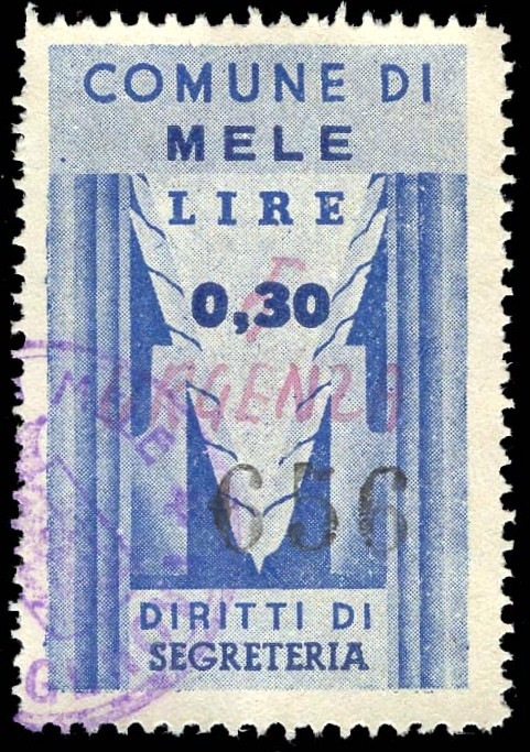 Marca da Bollo del Comune di MELE su Carta Bianca Sittile di dimensioni 23,5 x 33 mm