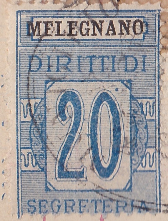 Marca da Bollo del Comune di MELEGNANO su Carta Bianca Sittile di dimensioni 21 x 39,5 mm