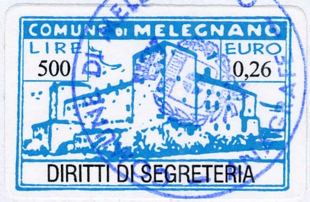 Marca da Bollo del Comune di MELEGNANO su Carta Bianca di dimensioni 32,5 x 21,5 mm