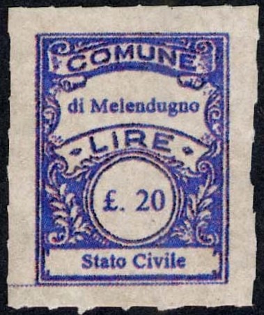 Marca da Bollo del Comune di MELENDUGNO su Carta Avana di dimensioni 22,5 x 29 mm
