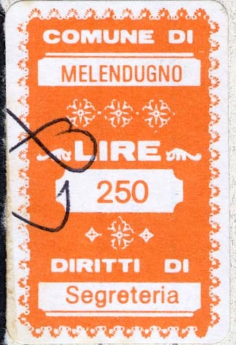 Marca da Bollo del Comune di MELENDUGNO su Carta Bianca di dimensioni 19,5 x 32 mm