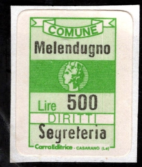 Marca da Bollo del Comune di MELENDUGNO su Carta Bianca di dimensioni 19,5 x 32 mm